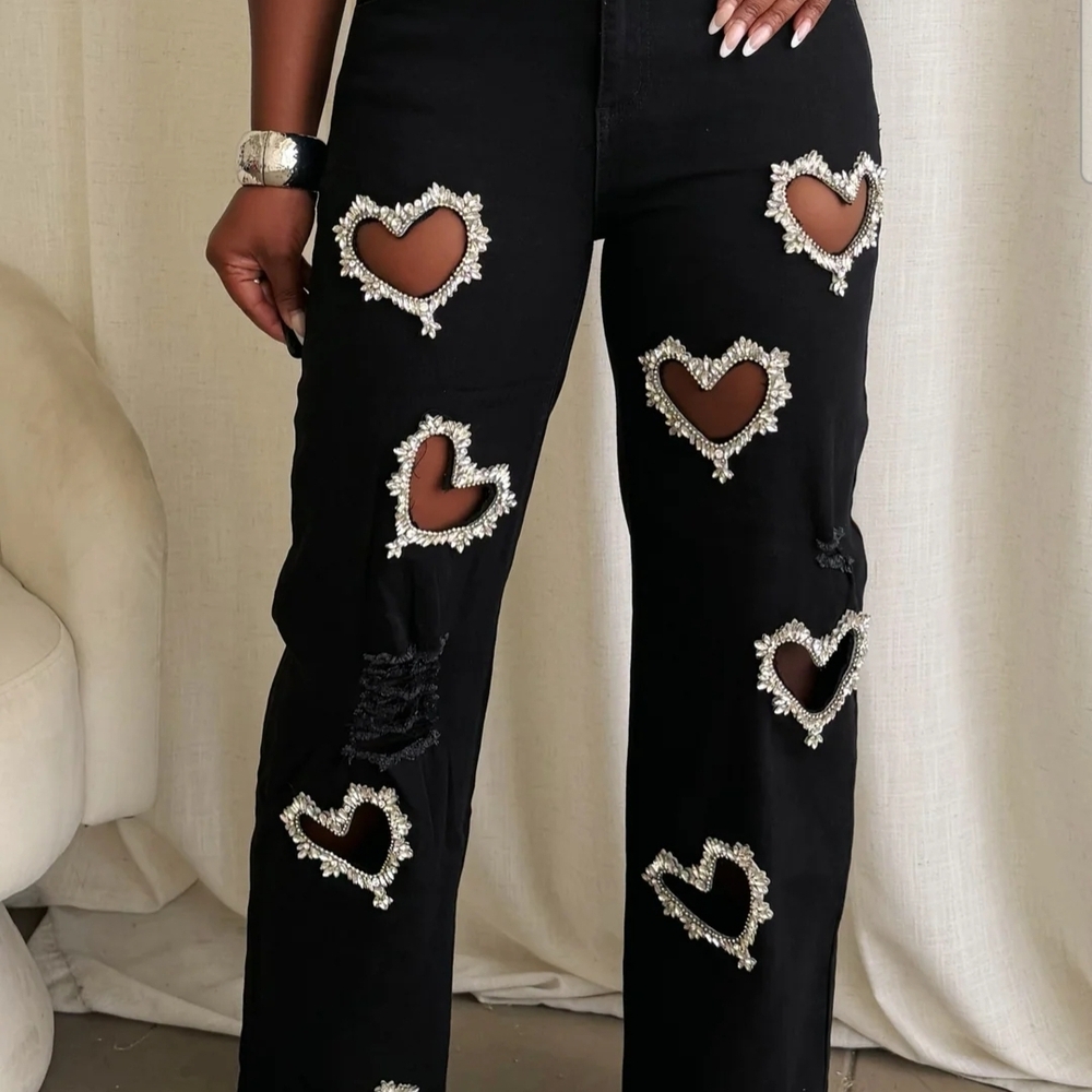 Embellished Heart Cutout Straight Leg Jeans